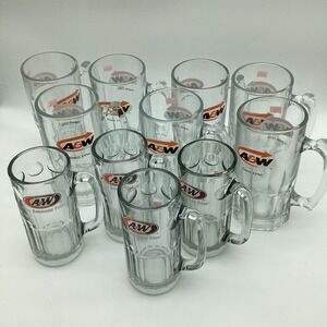 A&W 10pc SetClear Glass Root Beer Mugs Soda Shop Diner Retro Barware Collectible